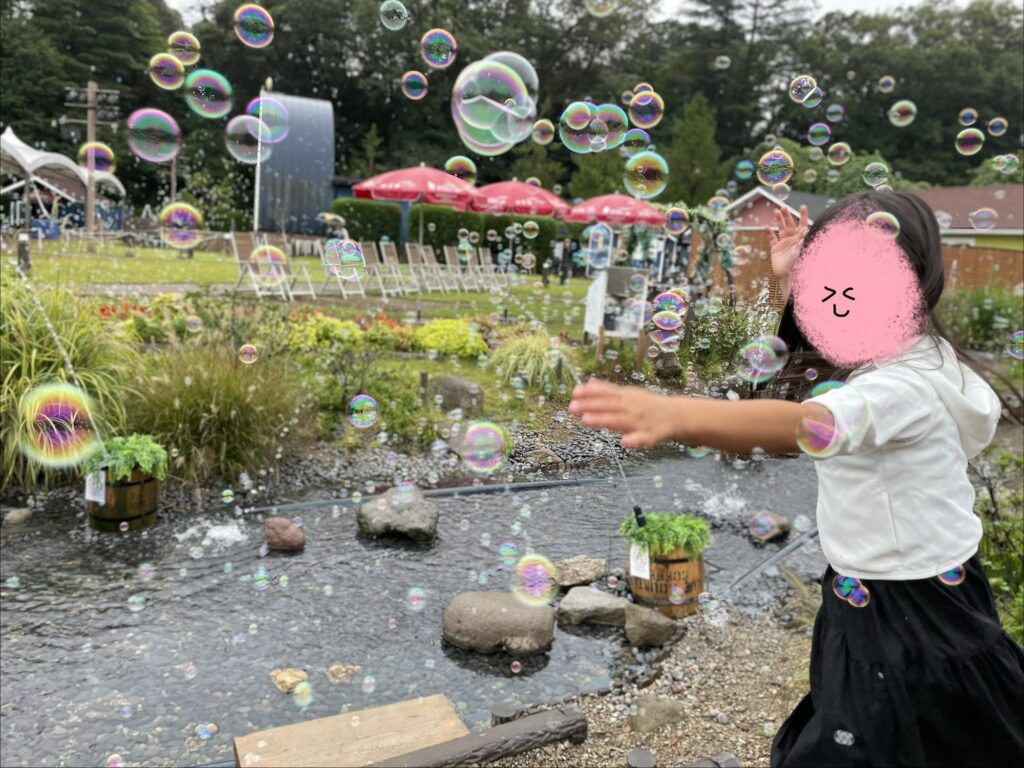 ムーミンバレーパーク内の小川とシャボン玉